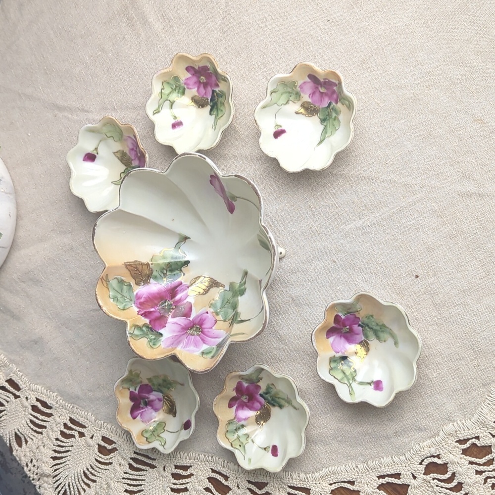 Vintage Made in Japan Porcelain Relish Server Set 3-Footed Bowl & 6 Floral bowls